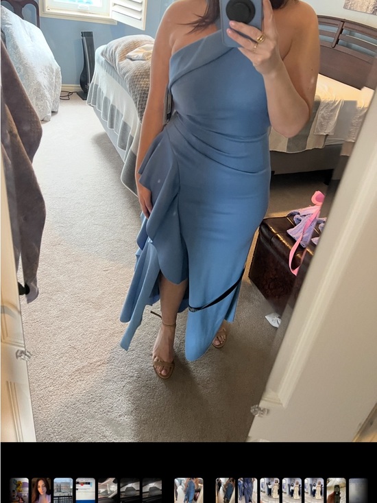 The “Gigi” Cross Neck Ruffle. Petite. Ruffle Gown - Blue/“Slate” - Picture 3 of 3